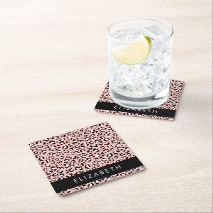 Leopard Print, Spots, Pink Leopard, Your Name Square Paper Coaster