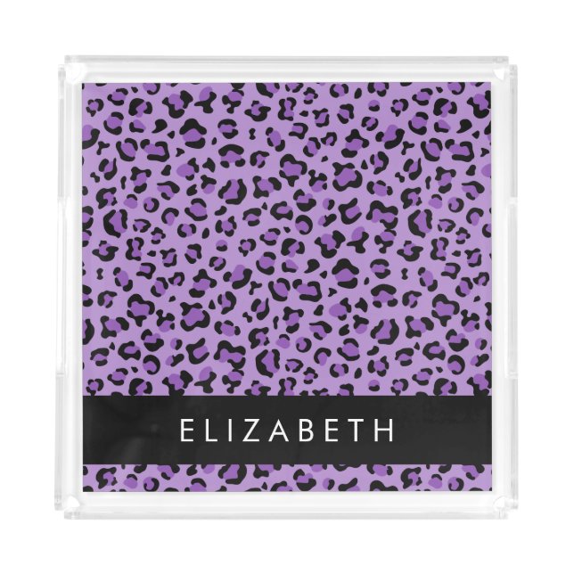 Leopard Print, Spots, Purple Leopard, Your Name Acrylic Tray (Front)