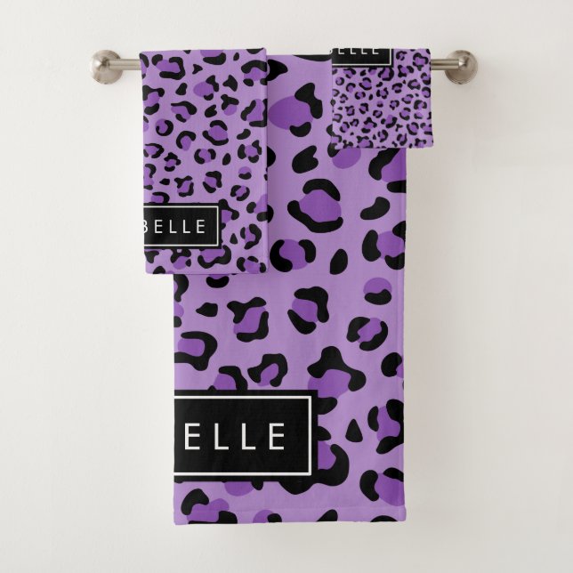 Leopard Print, Spots, Purple Leopard, Your Name Bath Towel Set (Insitu)