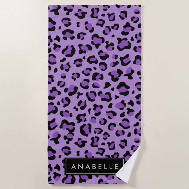 Leopard Print, Spots, Purple Leopard, Your Name Beach Towel (Front)