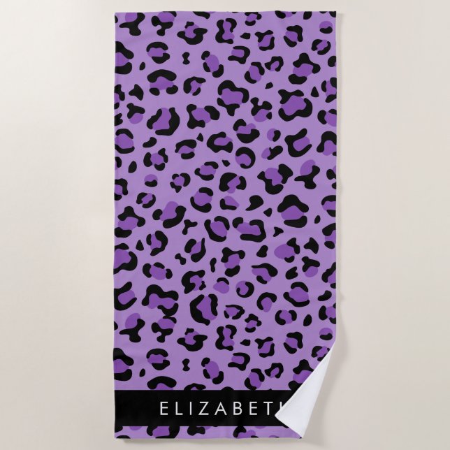 Leopard Print, Spots, Purple Leopard, Your Name Beach Towel (Front)