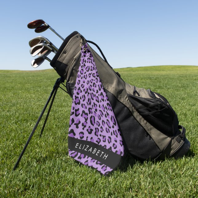 Leopard Print, Spots, Purple Leopard, Your Name Golf Towel (Green)