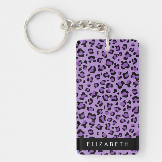Leopard Print, Spots, Purple Leopard, Your Name Keychain (Front)