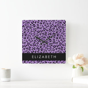 Leopard Print, Spots, Purple Leopard, Your Name Square Wall Clock