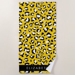 Leopard Print, Spots, Yellow Leopard, Your Name Beach Towel