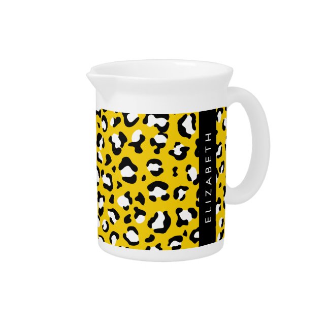 Leopard Print, Spots, Yellow Leopard, Your Name Beverage Pitcher (Right)