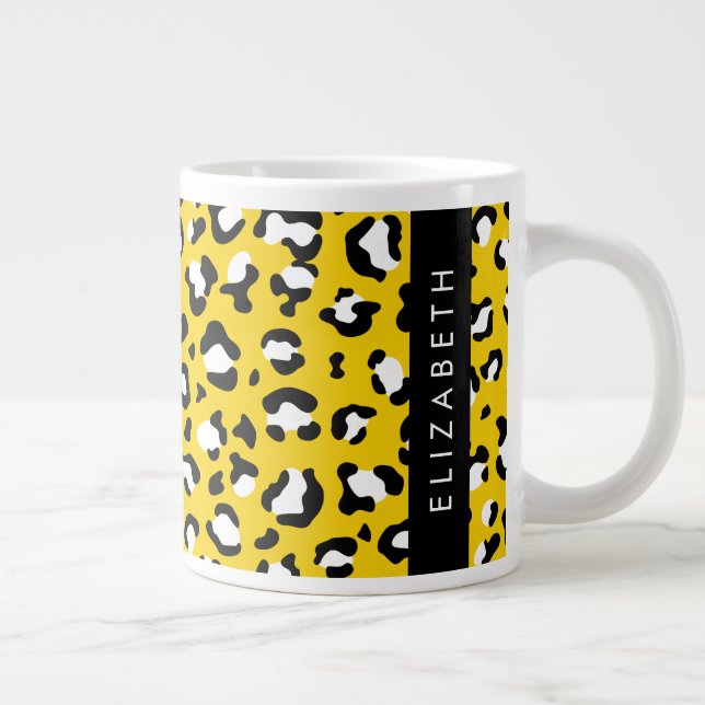 Leopard Print, Spots, Yellow Leopard, Your Name Giant Coffee Mug (Right)