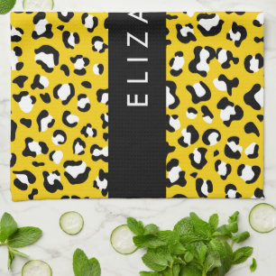 Leopard Print, Spots, Yellow Leopard, Your Name Kitchen Towel