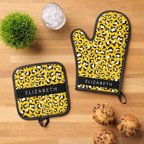 Leopard Print Spots Yellow Leopard Your Name Oven Mitt  Pot Holder Set