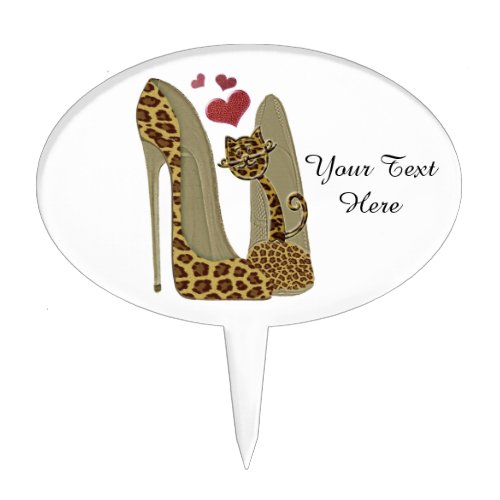Leopard print Stiletto Shoes and Cute Cat Hearts Cake Topper