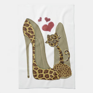 Leopard print Stiletto Shoes and Cute Cat Hearts Kitchen Towel