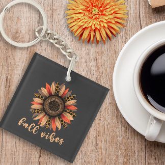 Leopard Print Sunflower Fall Vibes Boho Acrylic Keychain