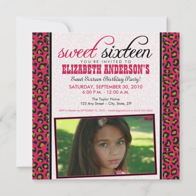 Leopard Print Sweet 16 Party Invitation (hot pink) (Front)