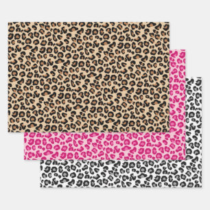 Leopard Print, Tan, Pink, Black & White Wrapping Paper Sheets