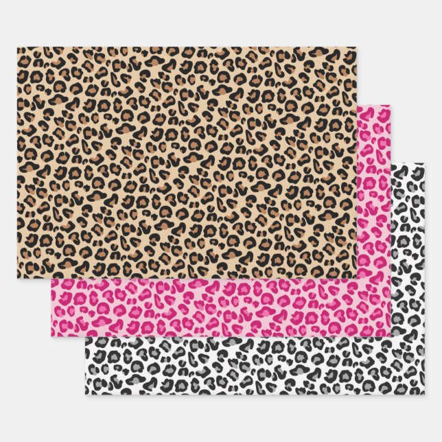 Leopard Print, Tan, Pink, Black & White Wrapping Paper Sheets (Set)