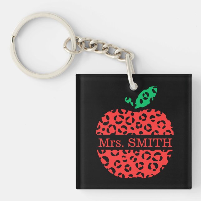 Leopard Print Teacher's Red Apple Keychain (Front)