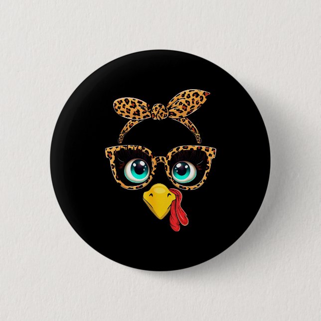 Leopard Print Thanksgiving Funny Turkey Face Gles  Button (Front)