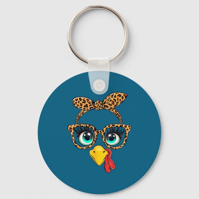 Leopard Print Thanksgiving Funny Turkey Face Gles  Keychain (Front)