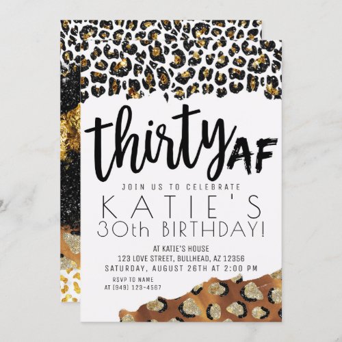 Leopard Print Thirty AF Gold Glitter Birthday Invitation