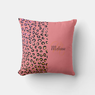 Leopard Print Two Tone Blush Pink Name Monogram Throw Pillow