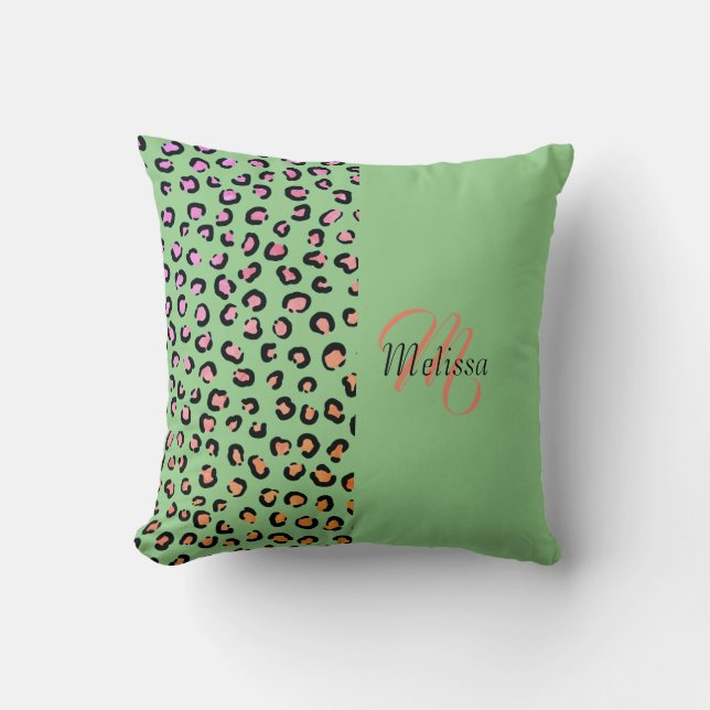 Leopard Print Two Tone Mint Green Name Monogram  Throw Pillow (Front)