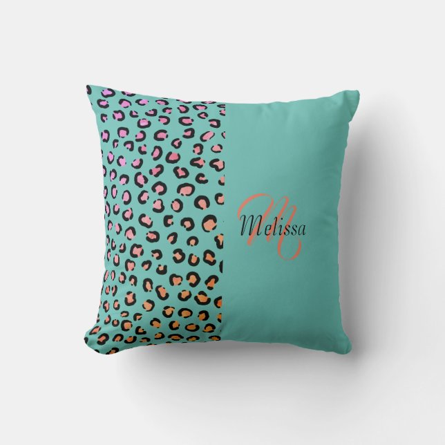 Leopard Print Two Tone Teal Turquoise Name Monogra Throw Pillow (Front)