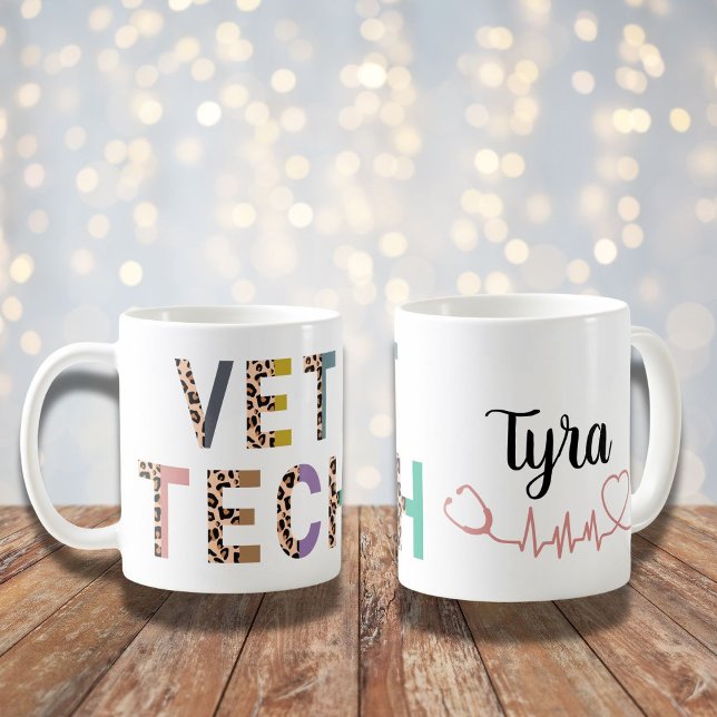 Leopard Print Vet Tech Stethoscope with Name  Coffee Mug (Creator Uploaded)