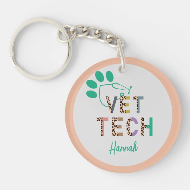 Leopard Print Vet Tech Stethoscope with Name  Keychain (Front)