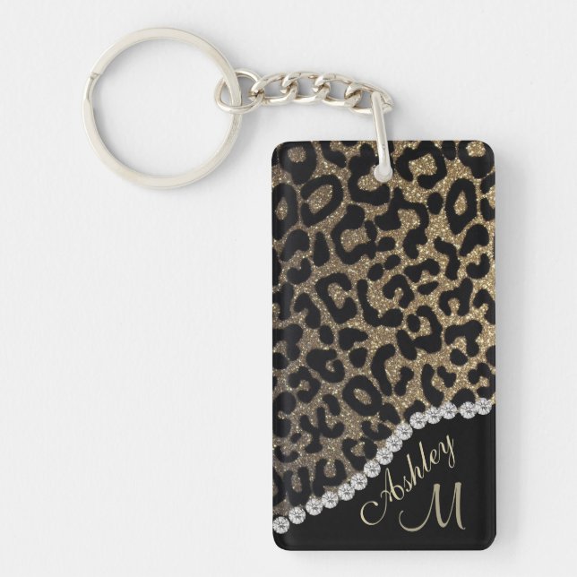 Leopard Print w/ Diamonds Monogram Keychain (Front)