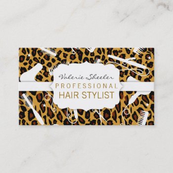 Leopard Print & White Hair Salon Tools Business Card by creativetaylor at Zazzle