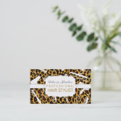 Leopard Print & White Hair Salon Tools Business Card (Standing Front)