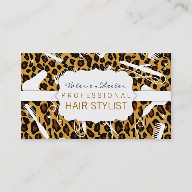 Leopard Print & White Hair Salon Tools Business Card (Front)