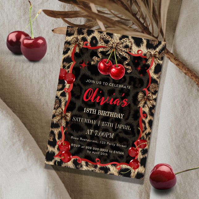 Leopard Print Wild Cherry Glam Birthday Invitation (Creator Uploaded)