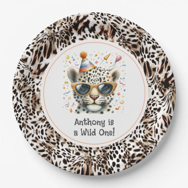Leopard Print "Wild One" Animal Birthday Party Paper Plates (Front)