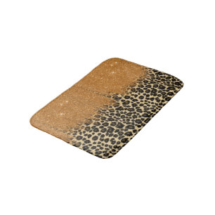 Leopard Print with Gold Faux Glitter Brush Stroke Bathroom Mat