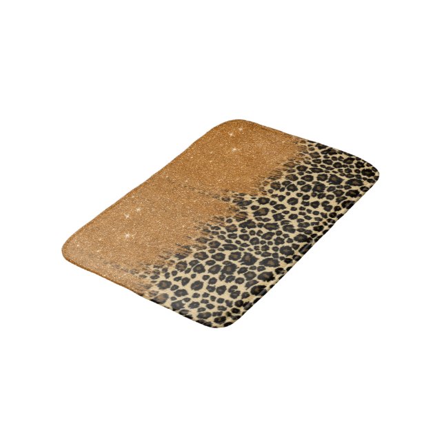 Leopard Print with Gold Faux Glitter Brush Stroke Bathroom Mat (Angled)