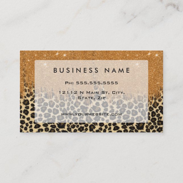 Leopard Print with Gold Faux Glitter Brush Stroke Business Card (Back)