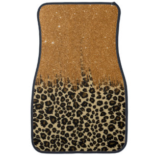Leopard Print with Gold Faux Glitter Brush Stroke Car Mat