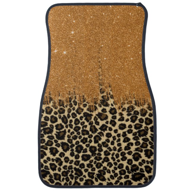 Leopard Print with Gold Faux Glitter Brush Stroke Car Mat (Front)