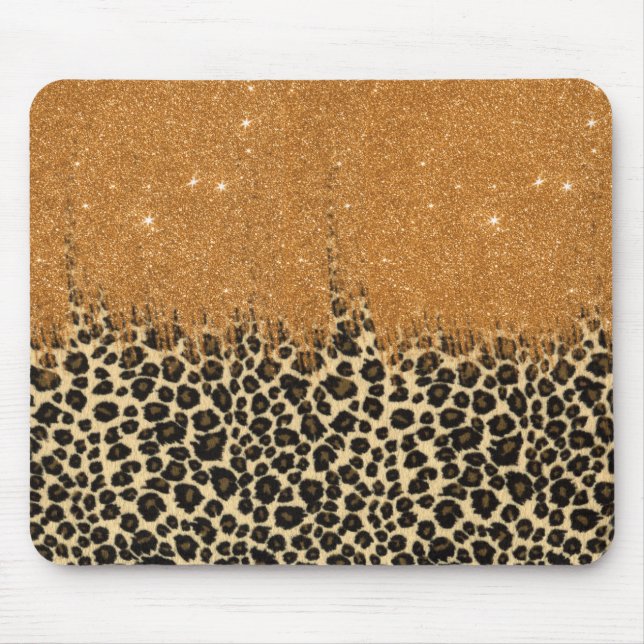 Leopard Print with Gold Faux Glitter Brush Stroke Mouse Pad (Front)