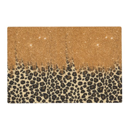 Leopard Print with Gold Faux Glitter Brush Stroke Placemat