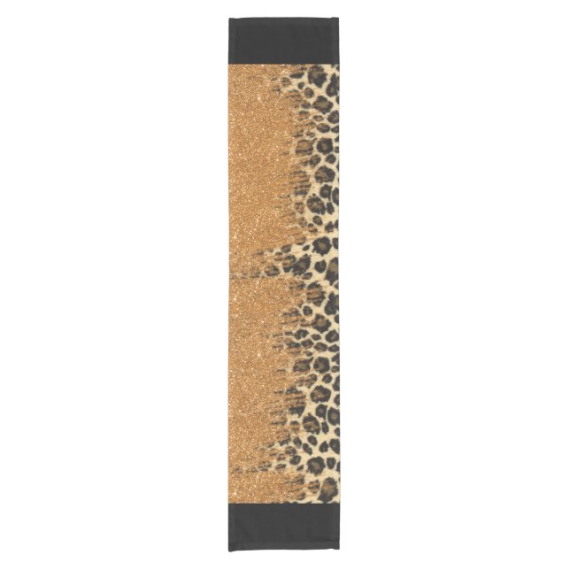 Leopard Print with Gold Faux Glitter Brush Stroke Short Table Runner (Front)