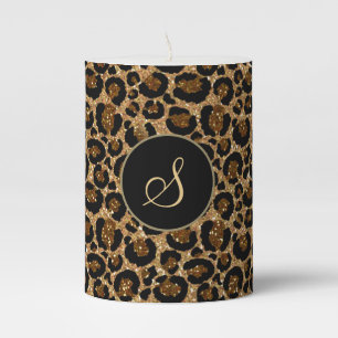 Leopard print with gold glitters and monogram pillar candle