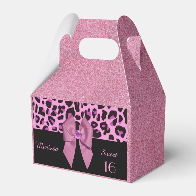 Leopard Print with Pink Bow and Glitters Favor Boxes (Front Side)