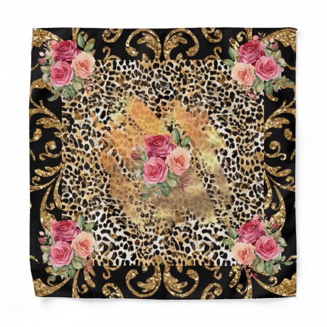 leopard print with roses and gold glitter bandana (Front)