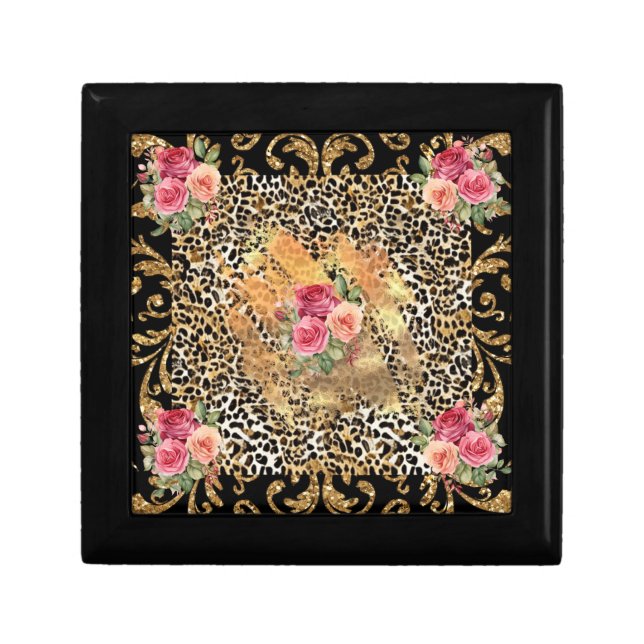leopard print with roses and gold glitter gift box (Front)