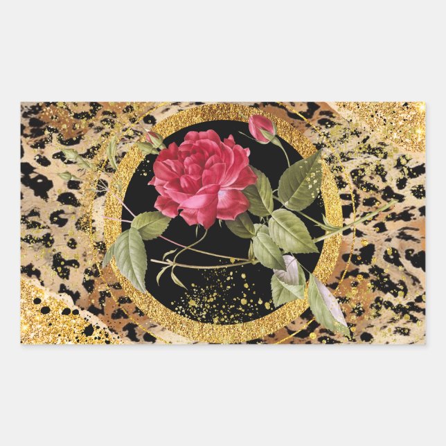 leopard print with roses and gold glitter rectangular sticker (Front)