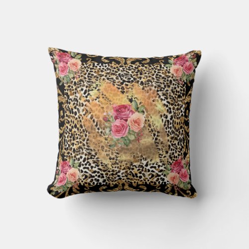 leopard print with roses and gold glitter throw pillow