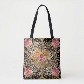 leopard print with roses and gold glitter tote bag