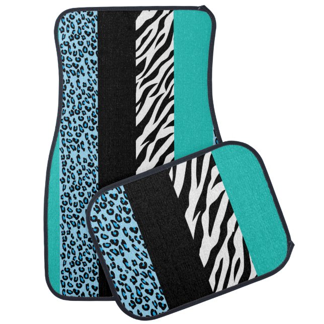 Leopard Print, Zebra Print, Animal Print, Blue Car Floor Mat (Set)
